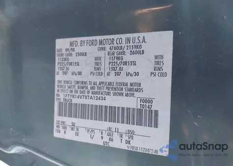 1999 Ford Ranger Xl/Xlt из США, поврежденный, VIN 1FTYR14V7XTA12434